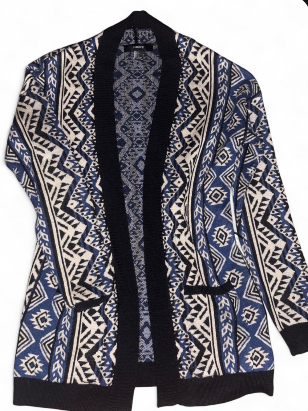 Forever 21 Blue and Cream Geometric Aztec Boho Comfy Open-Front Cardigan
